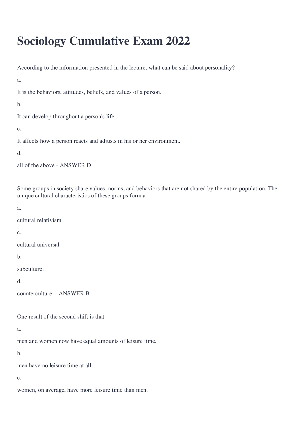 Preview image of Sociology Cumulative Exam 2022 document